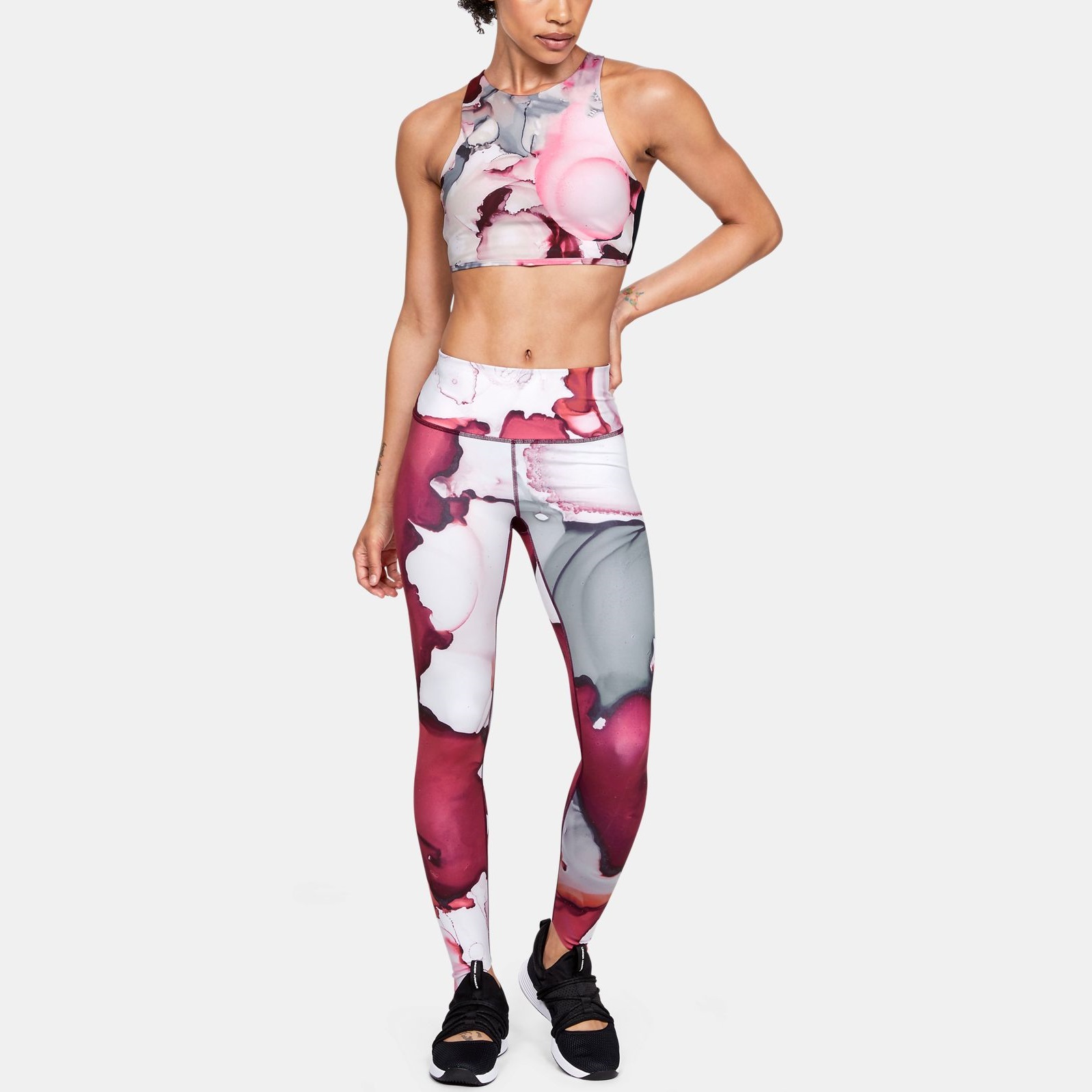 Under Armour UA Womens Pink Printed Capri Fitted Gym Running Leggings 